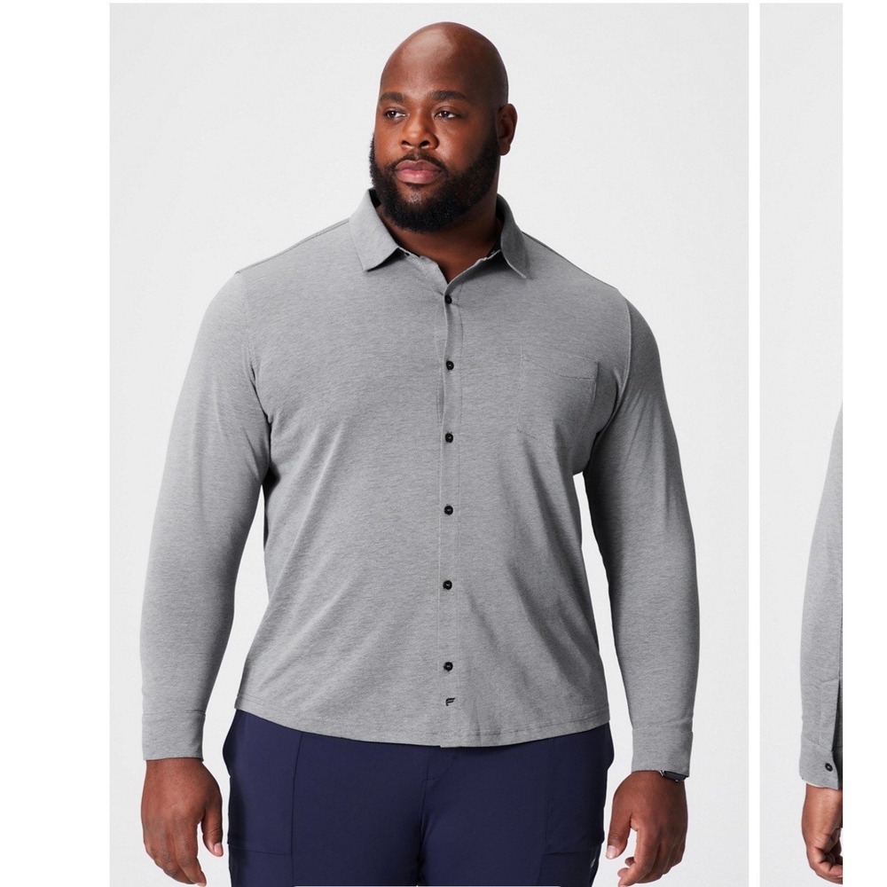 Fabletics The Dash Long Sleeve Button‎ Up Grey Moisture Wicking Breathable 4XL